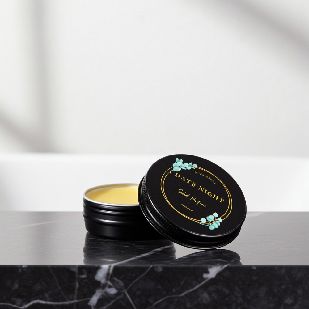 Black tin container with 'Date Night' perfume on a reflective surface