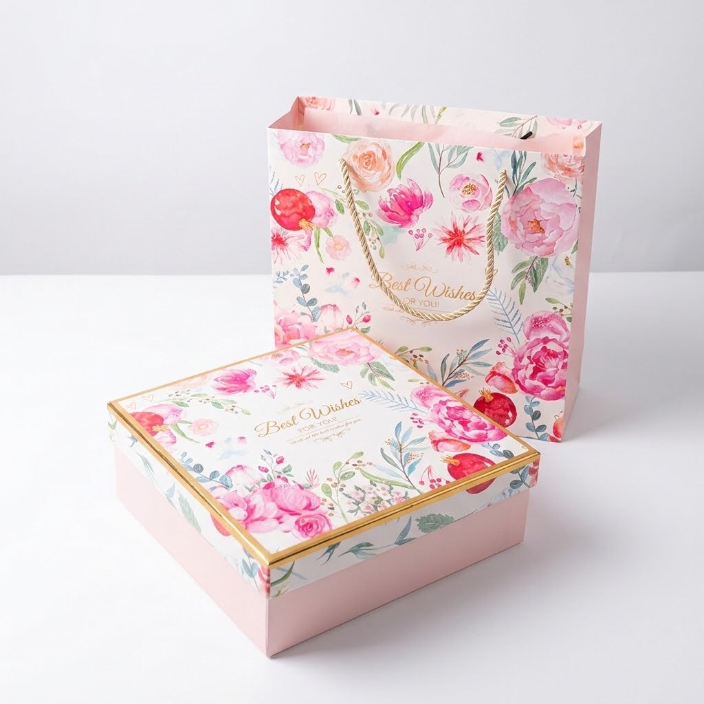 A pink gift box and matching paper shopping bag with a watercolor floral print, gold rope handles, and gold foil script reading &