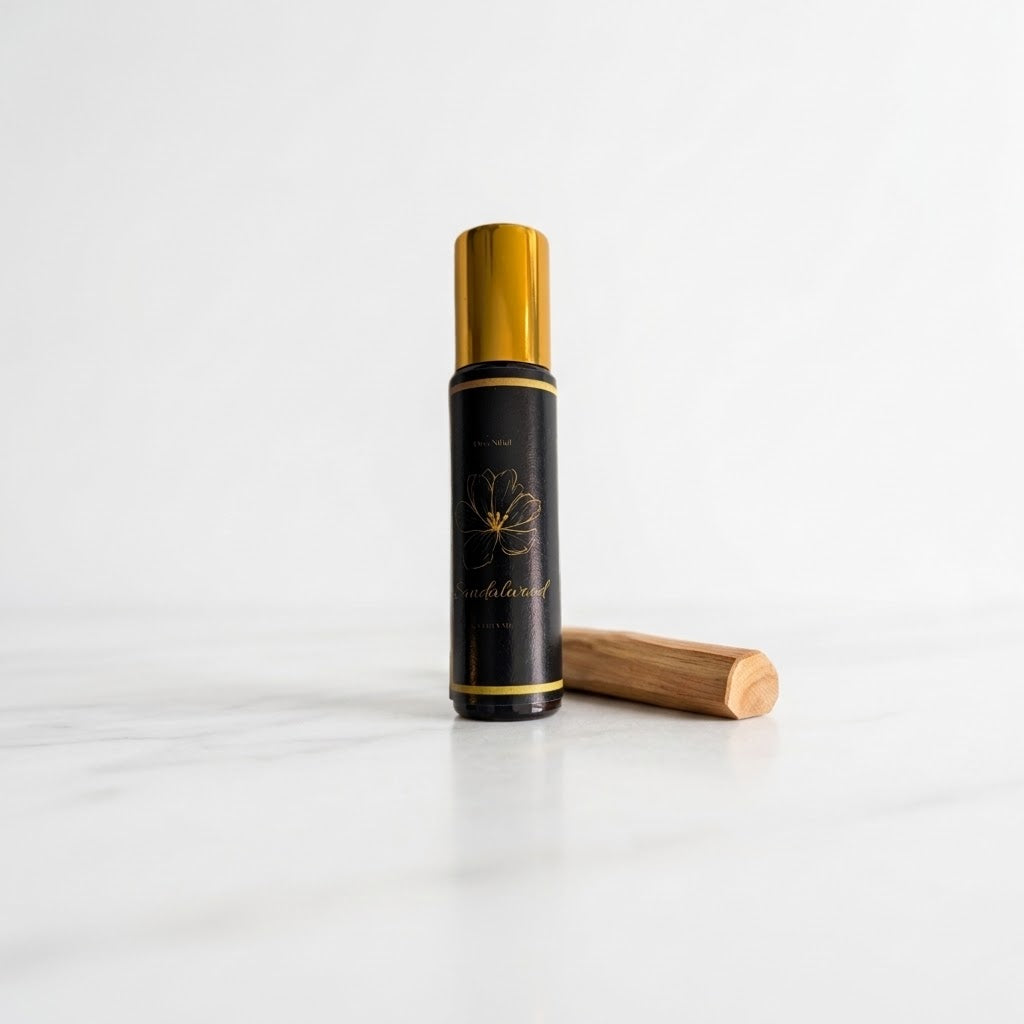A black cylindrical bottle with a shiny gold cap stands on a white marble surface against a white background, with a small wooden stick placed beside it.