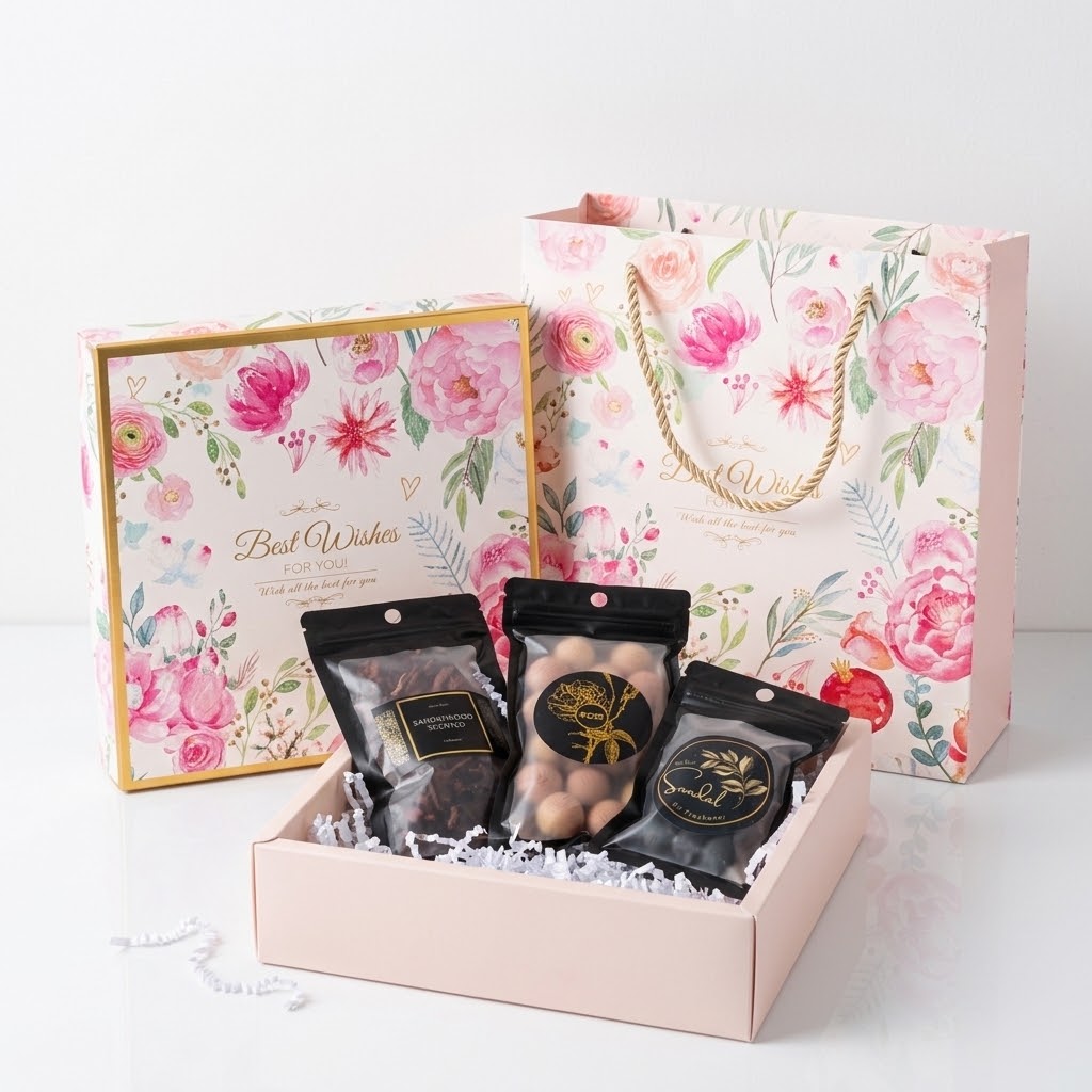 A floral gift set displayed on a white surface, featuring a pink gift box with a gold border, a matching floral gift bag, and three black pouches of bakhoor, cedar balls and incense cones arranged inside the open box with white crinkle paper filler.