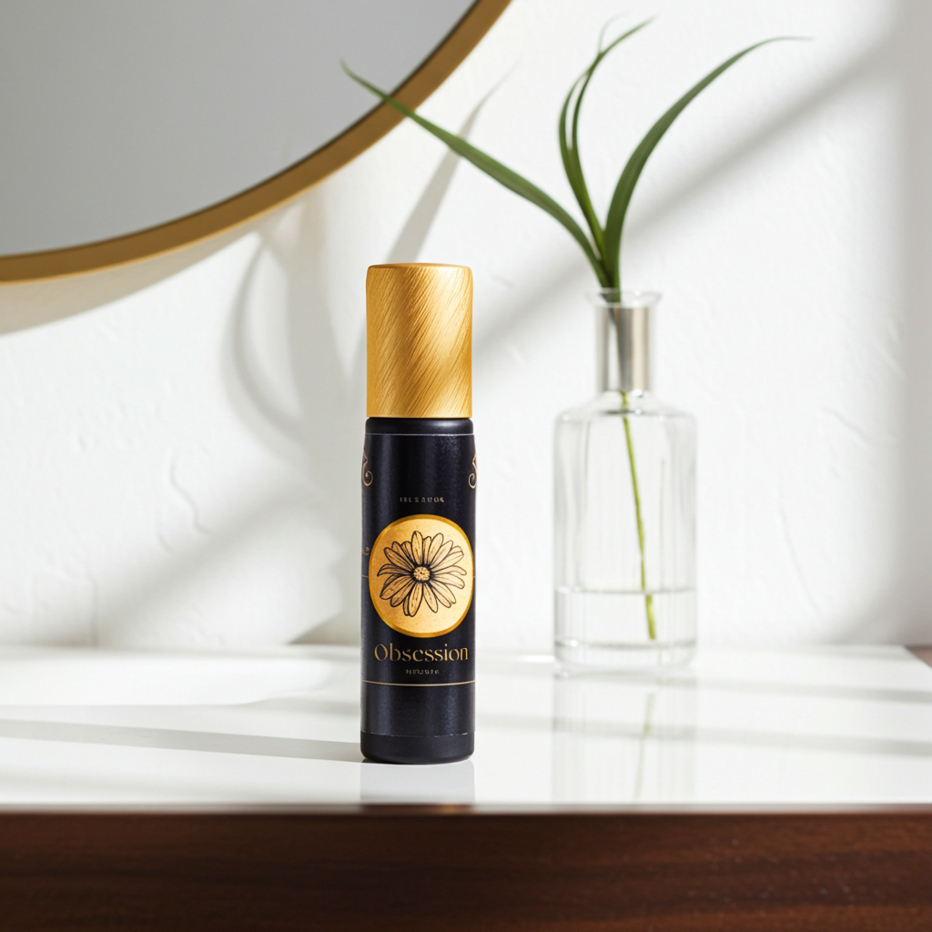 Perfume bottle with gold cap on a reflective surface with a plant in the background