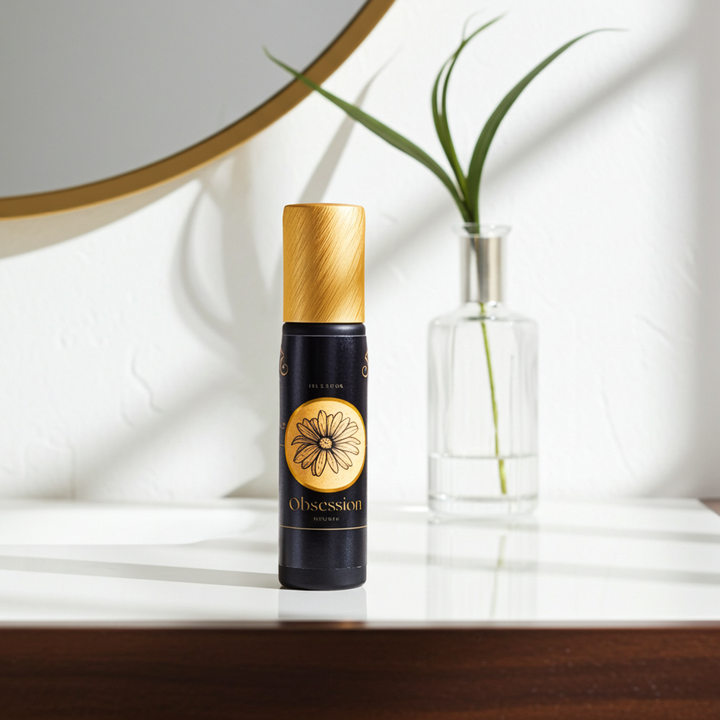 Perfume bottle with gold cap on a reflective surface with a plant in the background