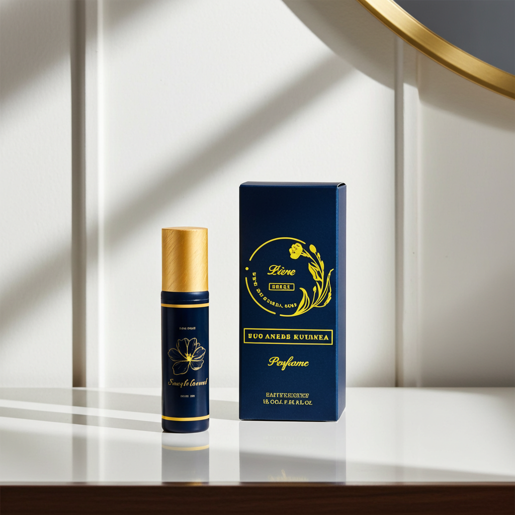 Perfume bottle and packaging on a reflective surface with a neutral background