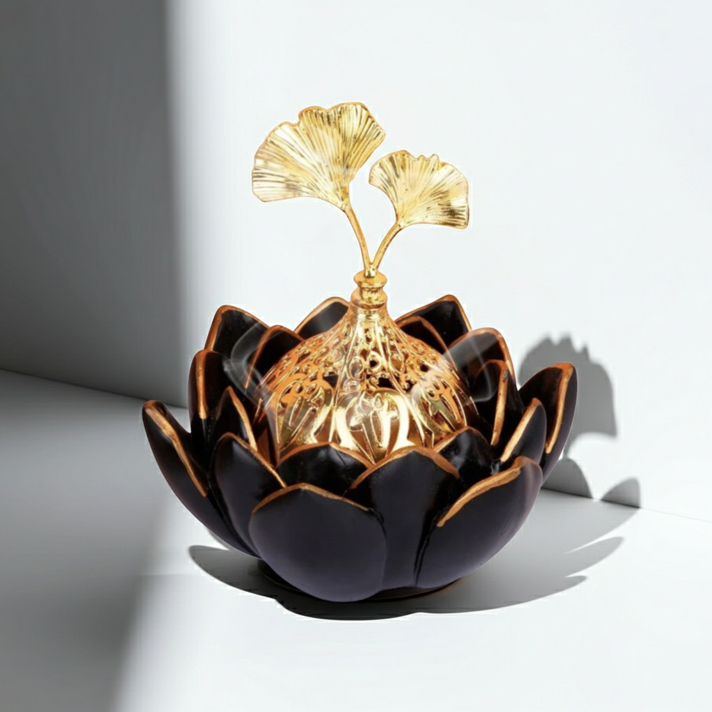 Decorative object with black and gold design on a white background