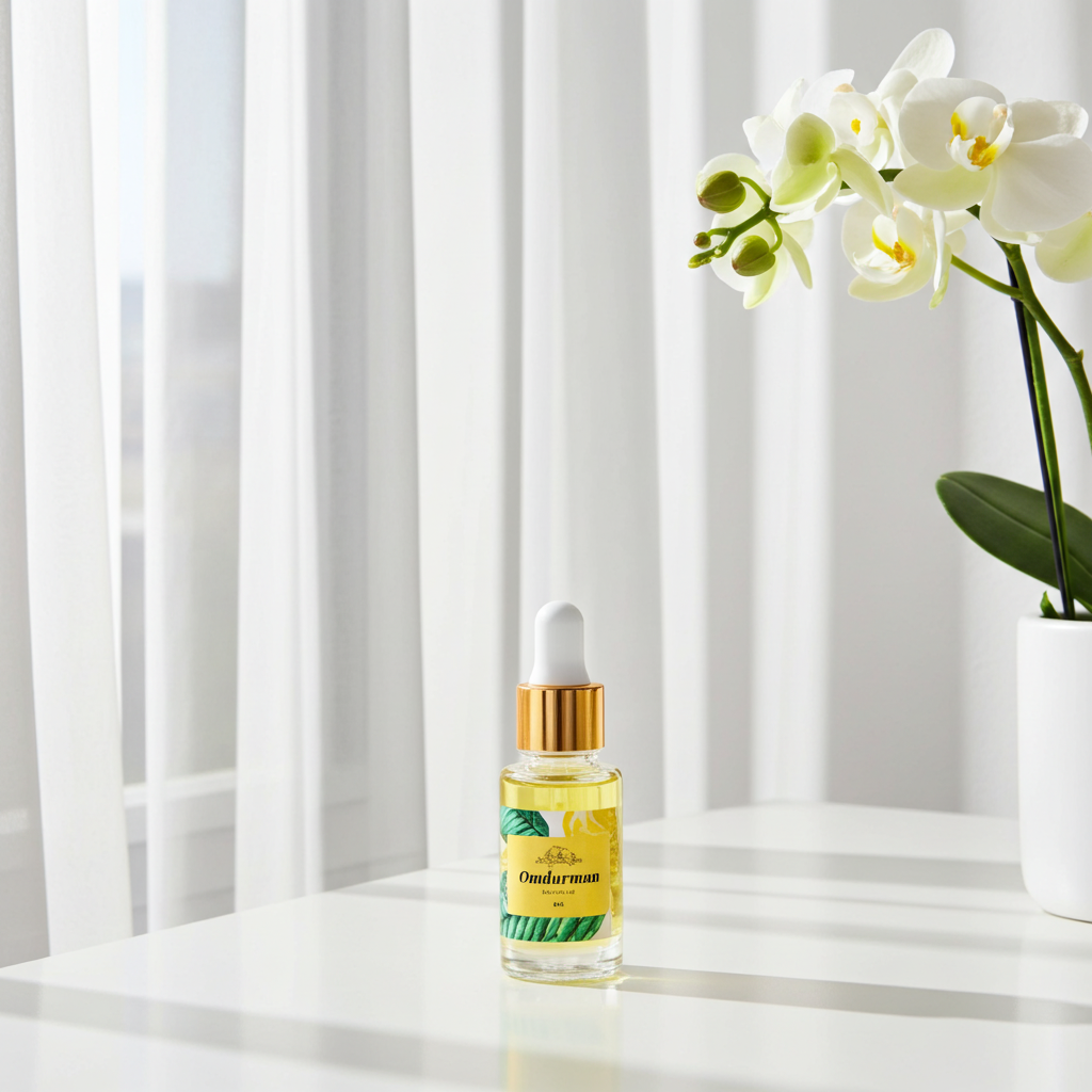 Bottle of OudhArman oil with a white orchid in the background