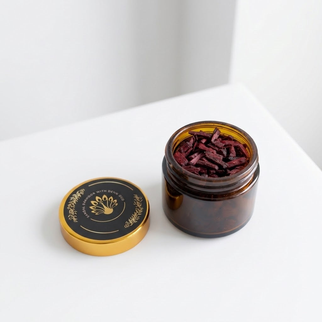 An open amber glass jar filled with dried dark red bakhoor pieces sits on a white surface beside its gold-and-black lid