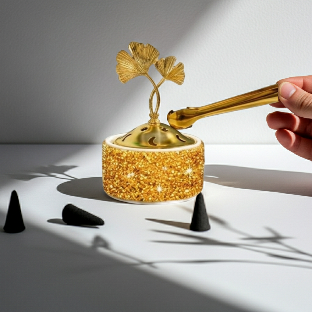 Decorative object with gold leaf design on a white surface