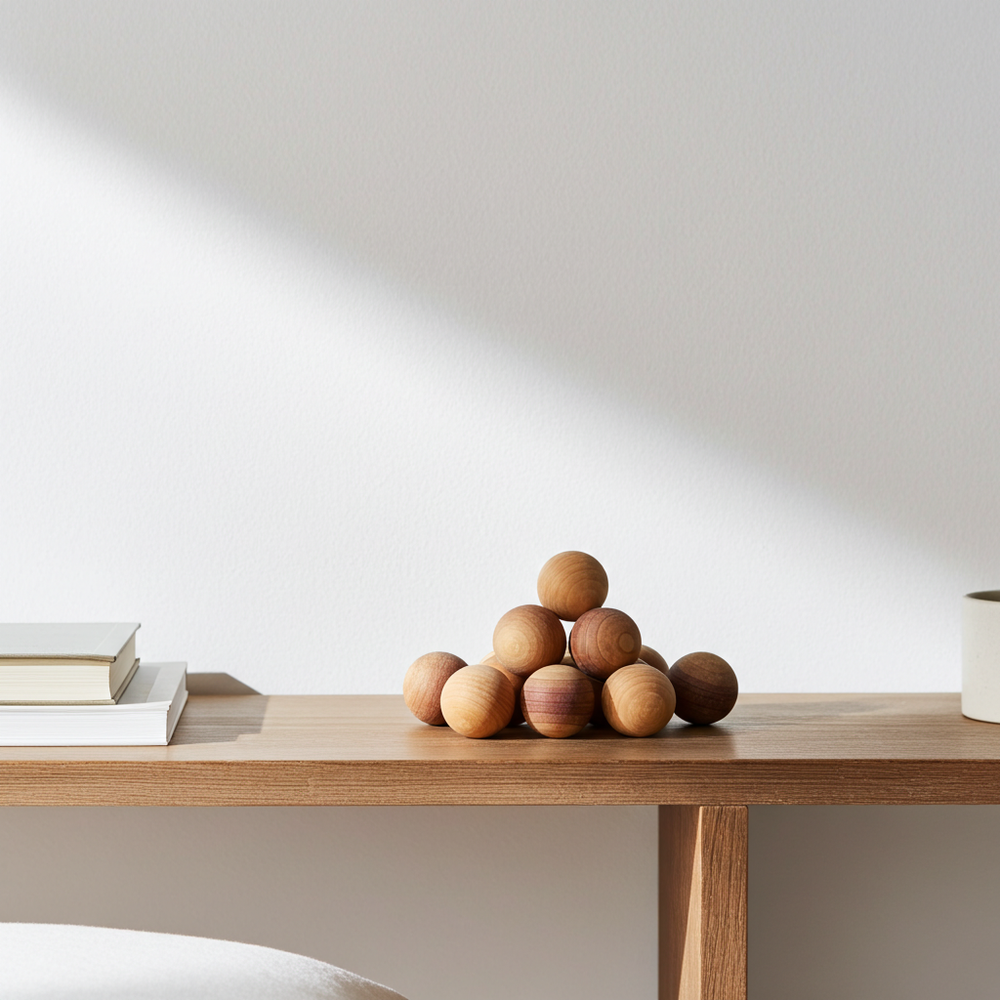 Wooden balls stacked on a wooden table with a minimal background