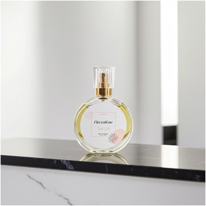 Perfume bottle with gold cap on a marble surface
