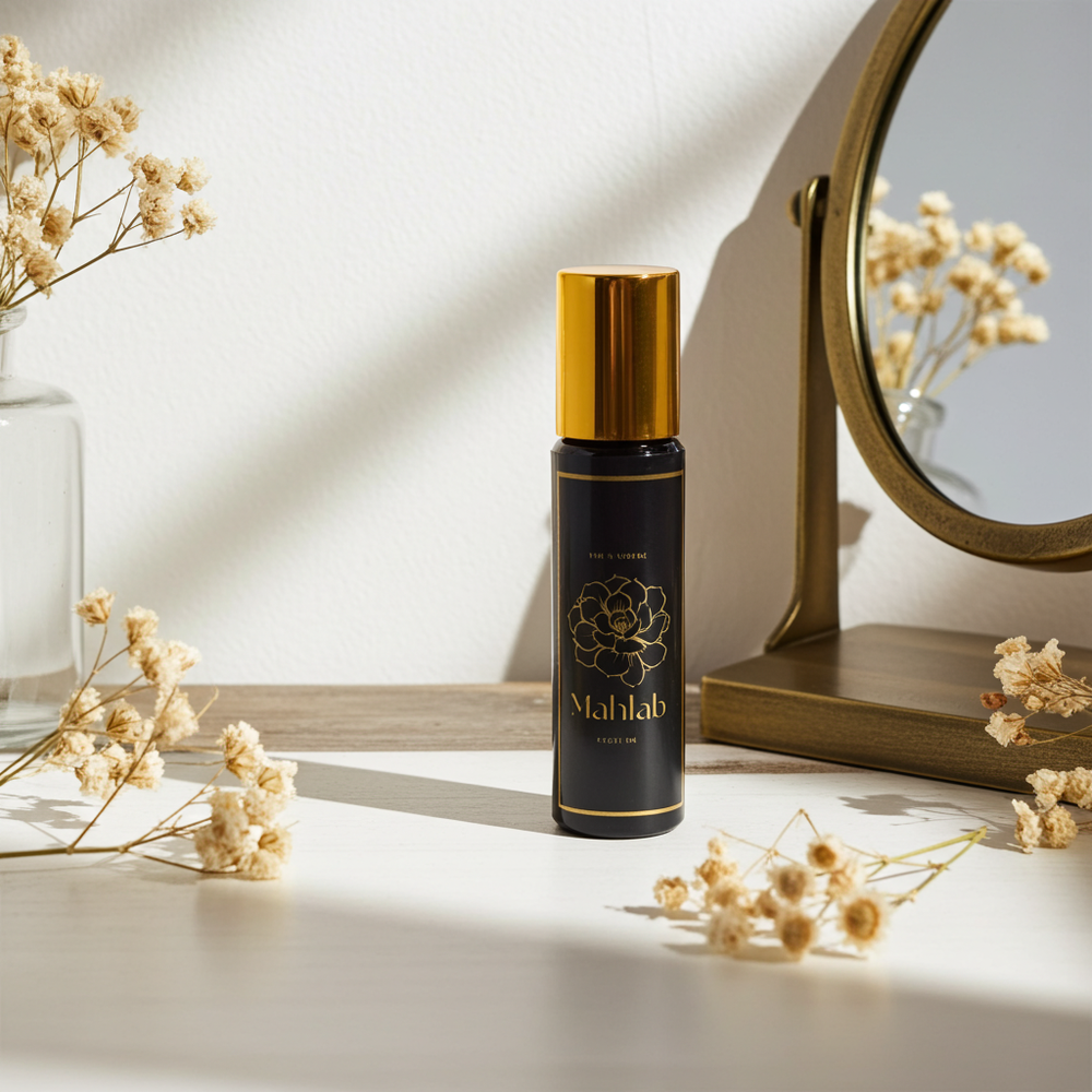 Black rollerball bottle with gold cap on a white surface with dried flowers and a mirror in the background.