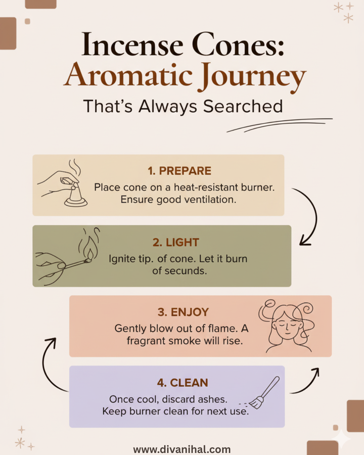 Infographic on using incense cones with steps and illustrations.