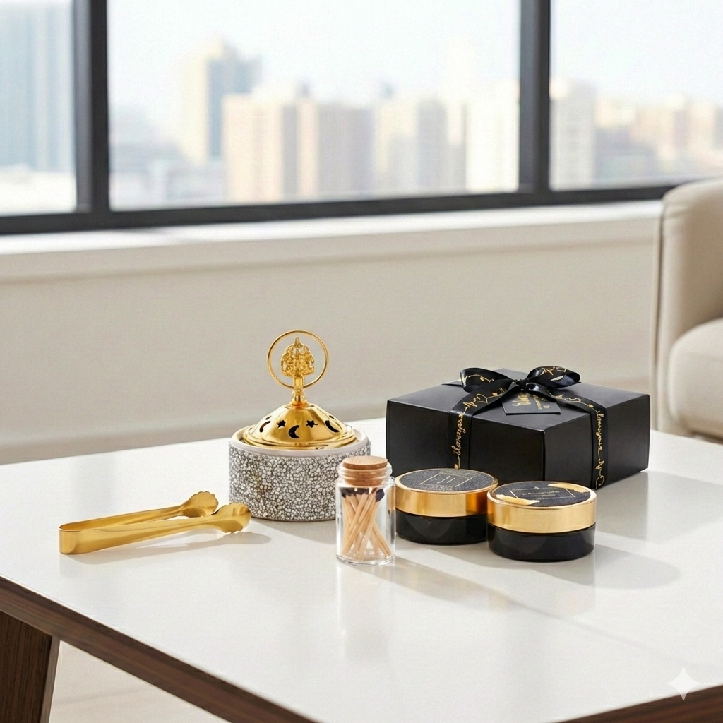 Decorative items including a black box with a gold bow, a gold and silver decorative object, and a black container on a table with a cityscape view.