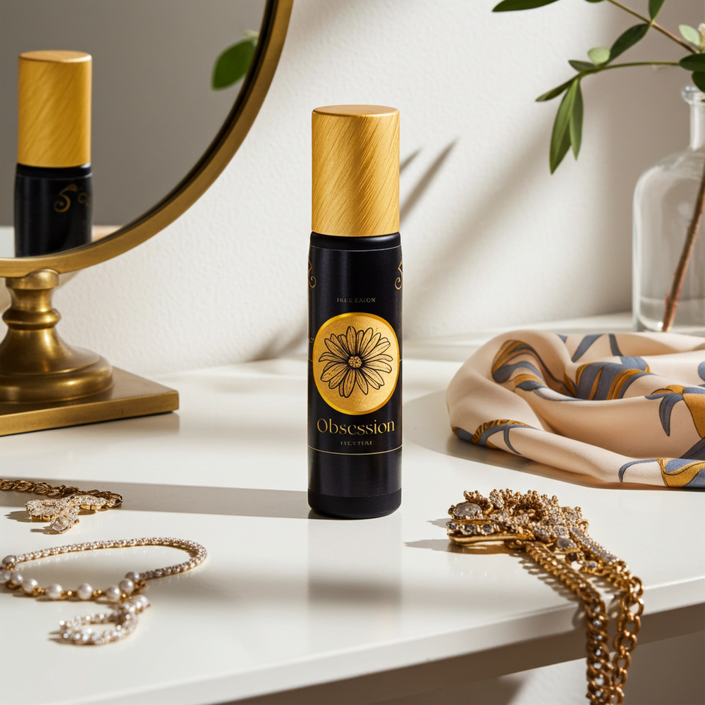 Black and gold bottle labeled 'Obsession' on a table with jewelry and a mirror in the background