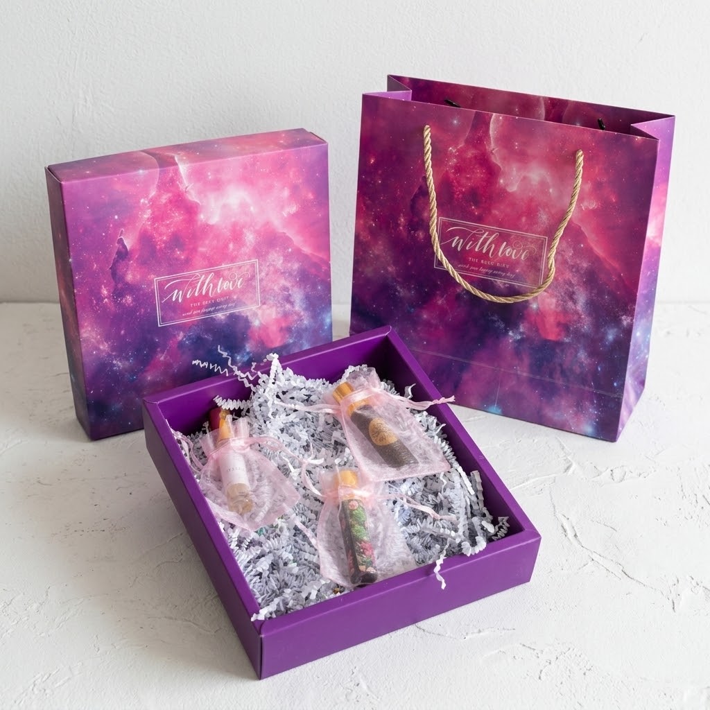 A purple gift set box shown open with three small wrapped items inside white crinkle paper, alongside a matching purple gift bag and closed box. The packaging has a pink and purple galaxy print, and the bag has gold rope handles.