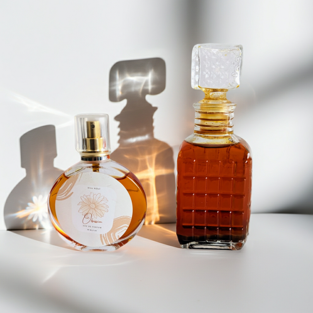 Two perfume bottles on a reflective surface with a soft light background