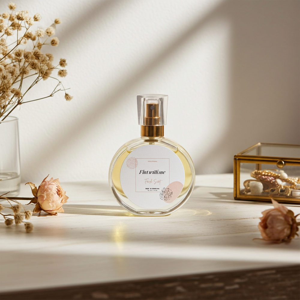 Perfume bottle with floral design on a wooden surface with decorative elements