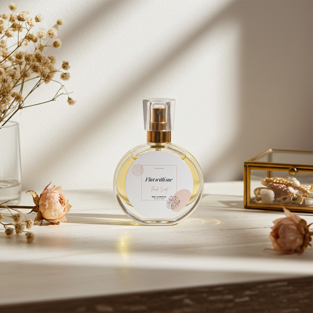 Perfume bottle with floral design on a wooden surface with decorative elements