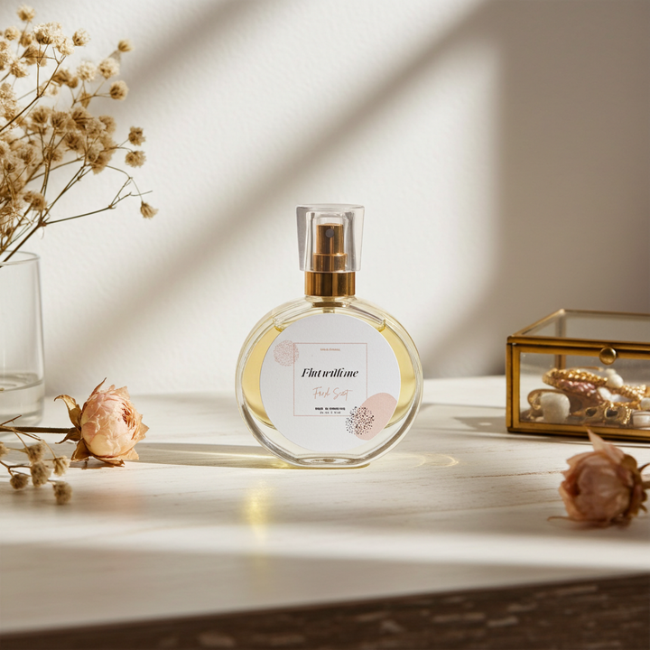 Perfume bottle with floral design on a wooden surface with decorative elements