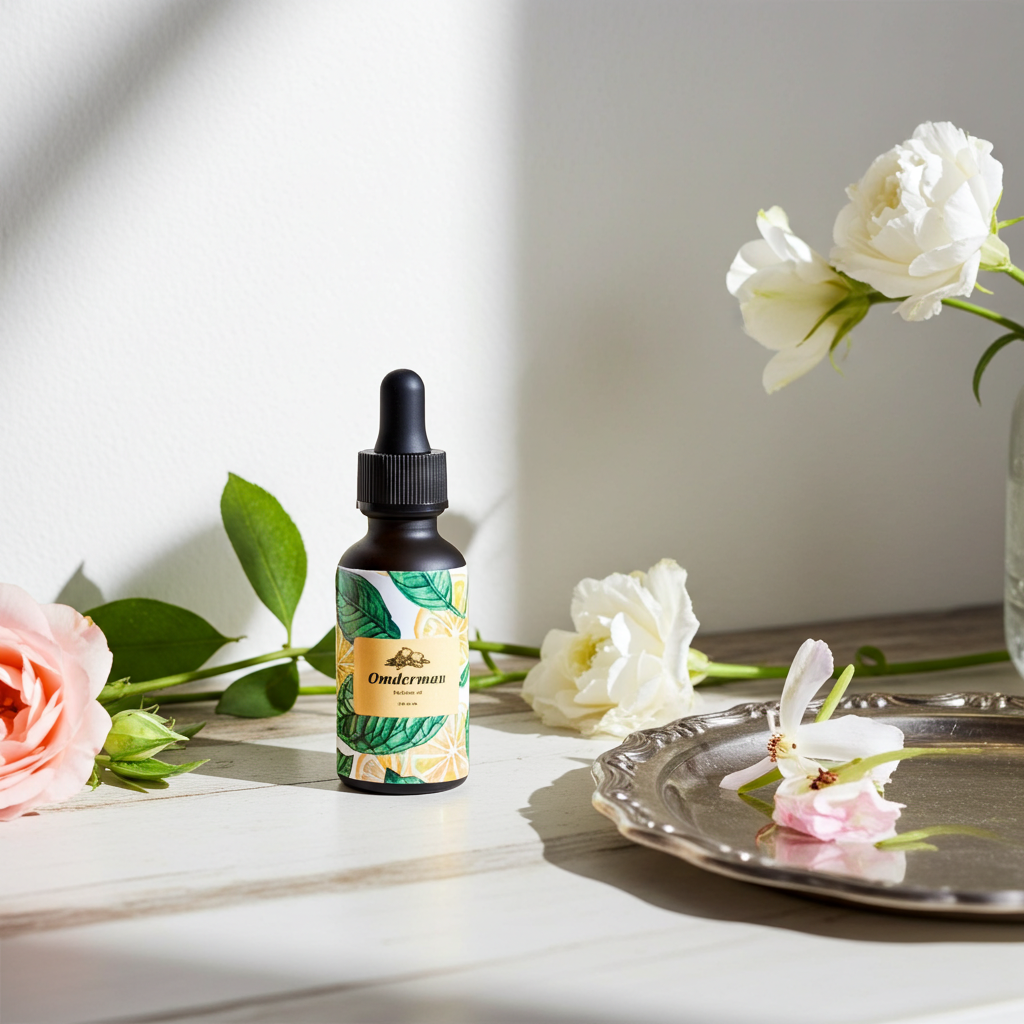 Bottle of Omlerman product on a table with flowers