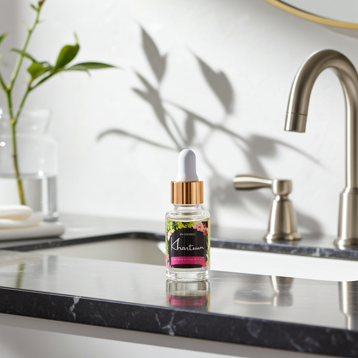 Bottle of Kharisma skincare serum on a bathroom counter with a plant and faucet in the background.