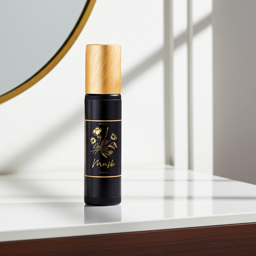 Black bottle with gold cap on a white surface, with a mirror in the background