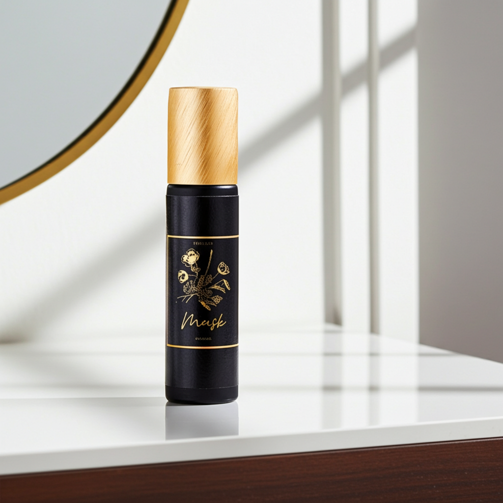 Black bottle with gold cap on a white surface, with a mirror in the background