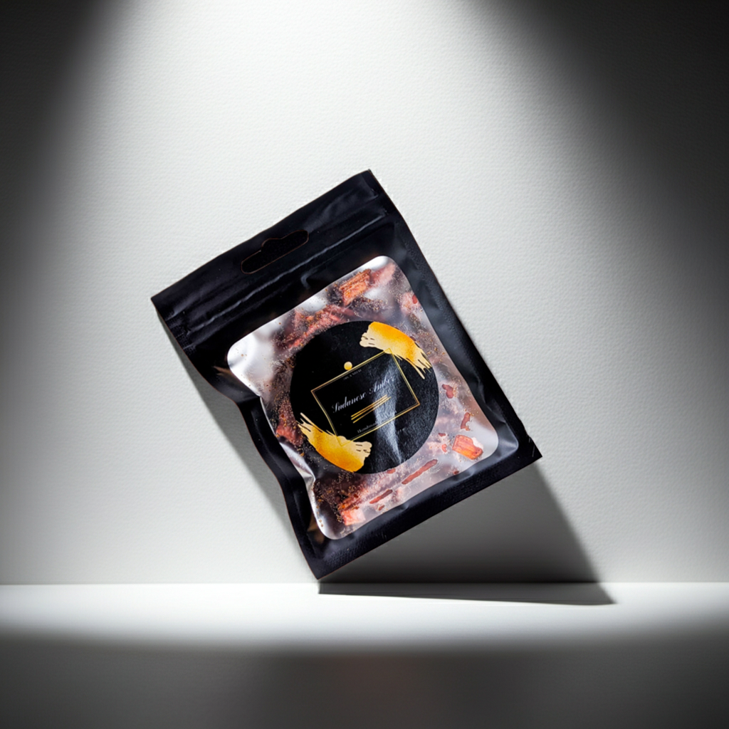 Black packaging with a clear window displaying a product on a white background