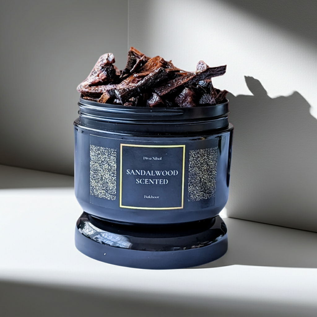 Sandalwood scented bakhoor with sandalwood pieces on a neutral background