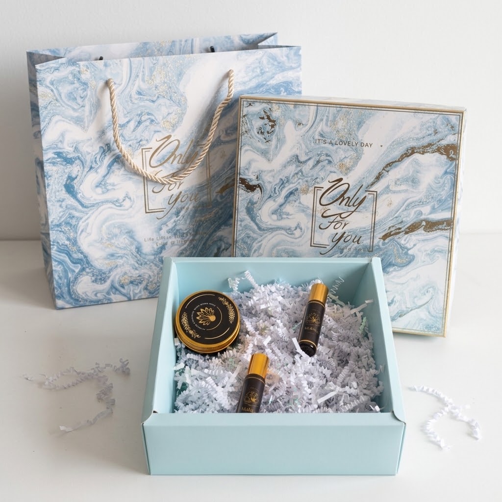 A gift set presentation with a light blue open box filled with white crinkle paper, containing two amber-and-black cosmetic tubes and a round gold-labeled jar. Behind it are a matching blue-and-white marbled gift bag and a decorative box lid with the words &