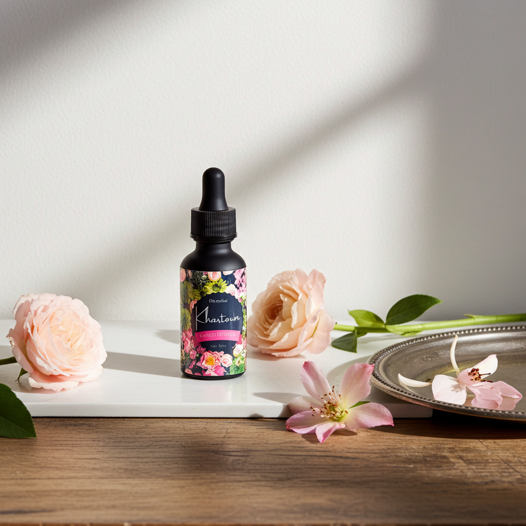 Bottle of Shantara skincare product with flowers on a wooden surface