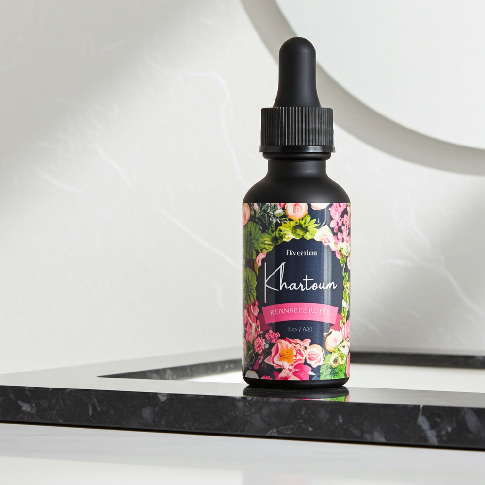 Bottle with floral label on a marble surface