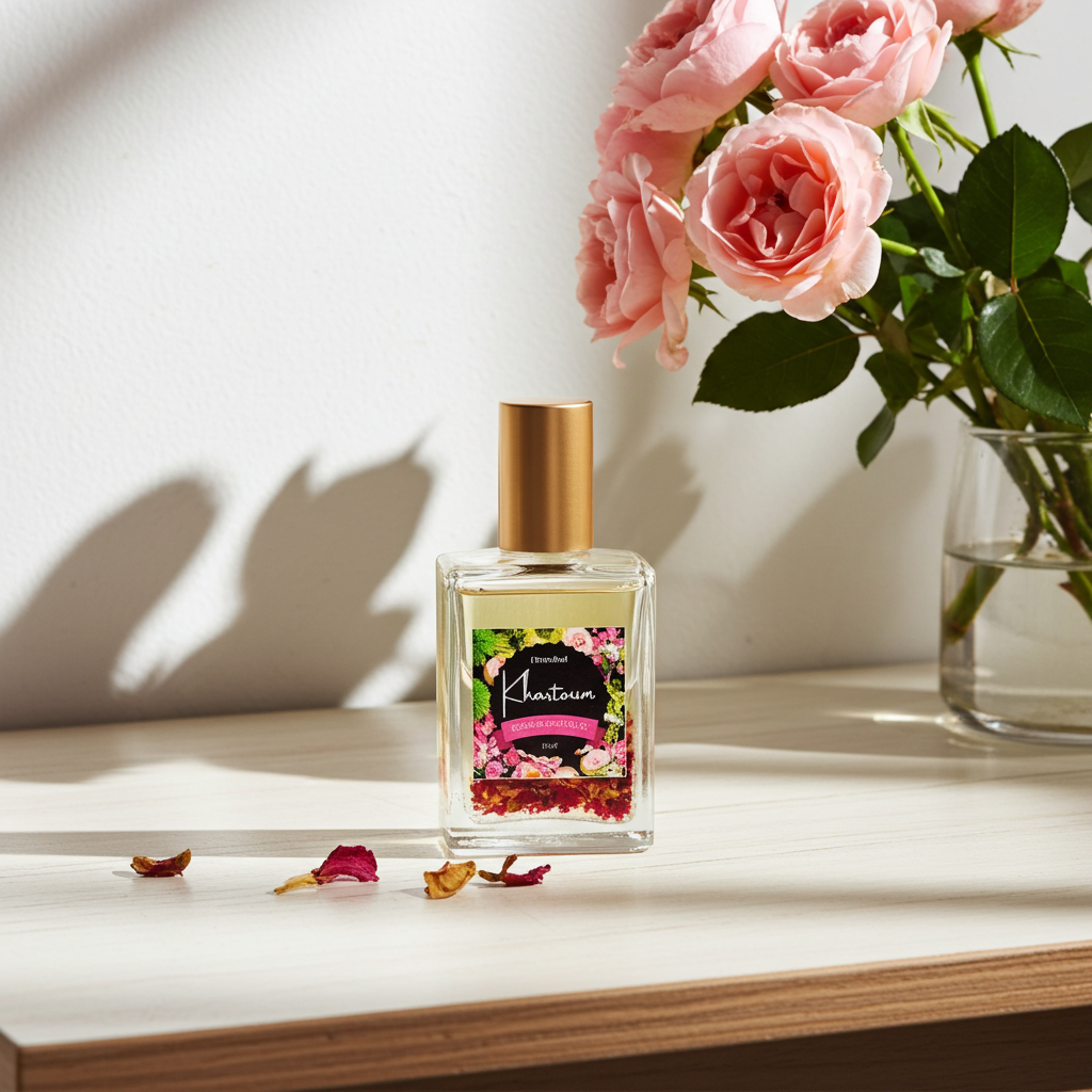 Perfume bottle with floral design on a wooden surface next to pink roses.