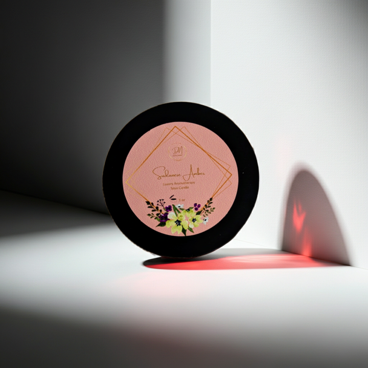 Round pink product with black lid on a white background