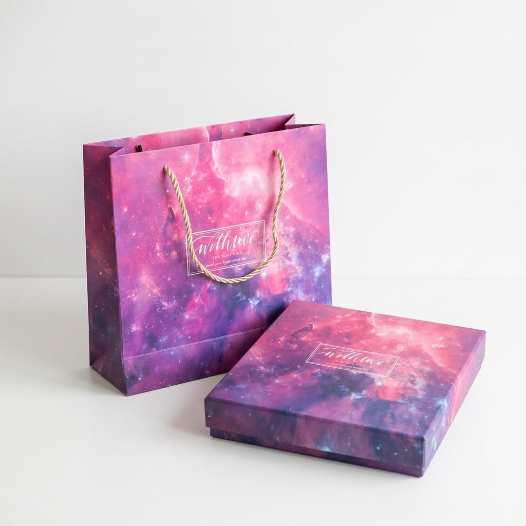 A purple and pink galaxy-printed gift bag with gold rope handles next to a matching square gift box, set against a clean white background.