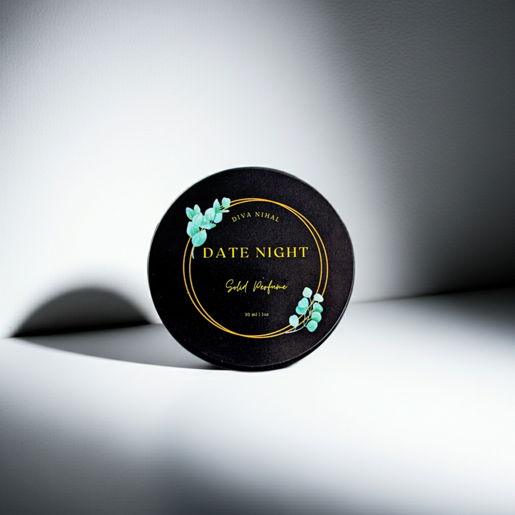 Black container labeled 'Date Night' with decorative elements on a white background