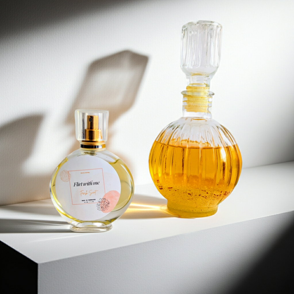 Two perfume bottles, one white and one orange, on a light surface with a neutral background.