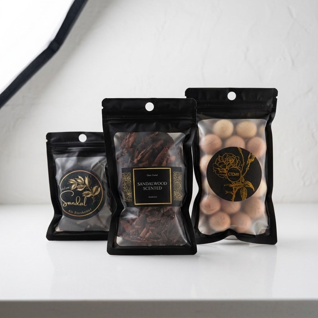 Three black resealable pouches of scented products displayed side by side on a white surface against a white textured wall. The left pouch contains round beige cedar balls with a gold rose label reading &