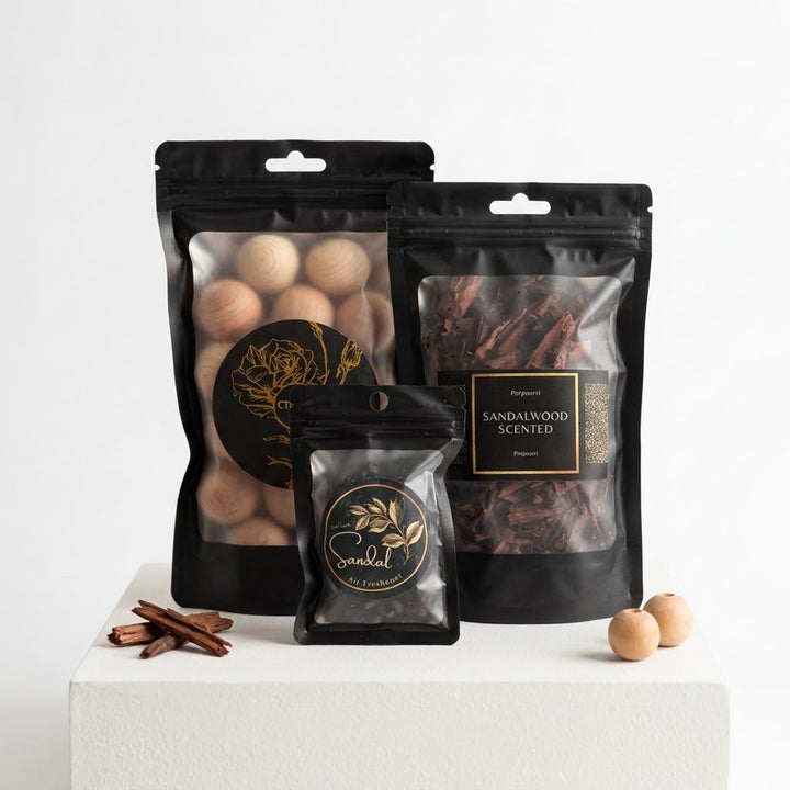 Three black resealable pouches of scented products displayed side by side on a white surface against a white textured wall. The left pouch contains round beige cedar balls with a gold rose label reading &