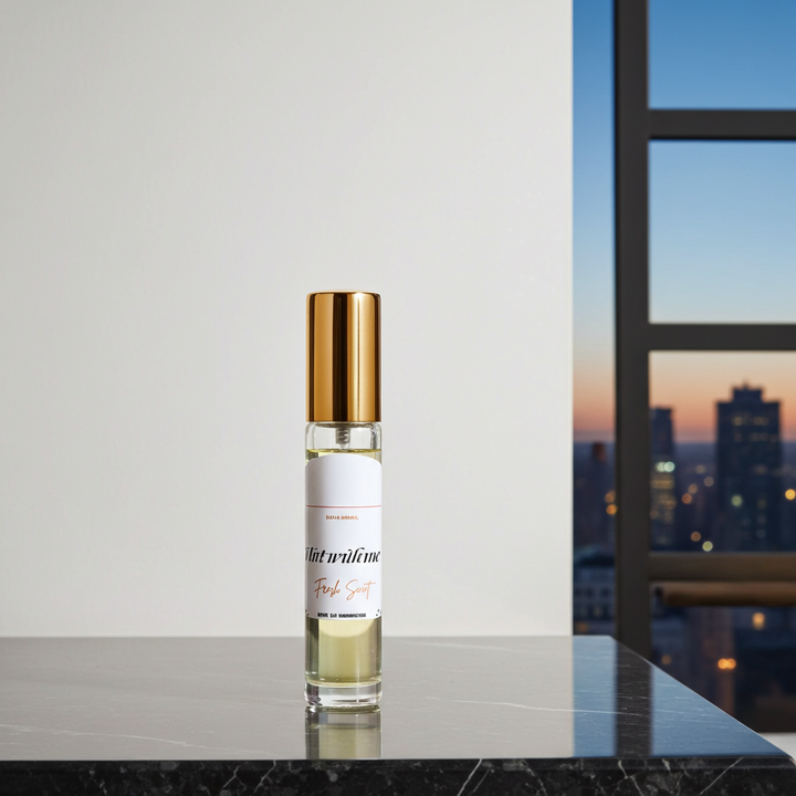 Perfume bottle with gold cap on a reflective surface with a cityscape in the background