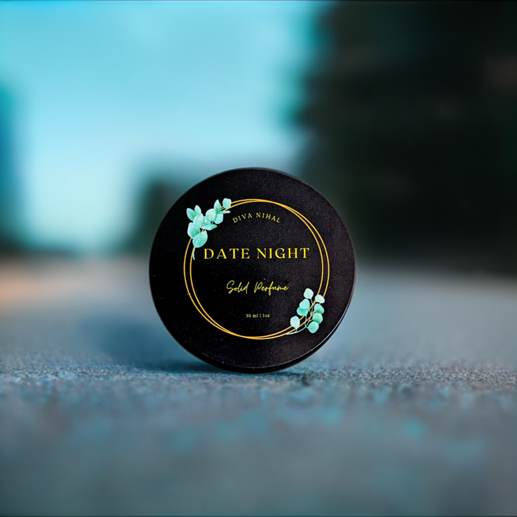 A portable solid perfume compact labeled &