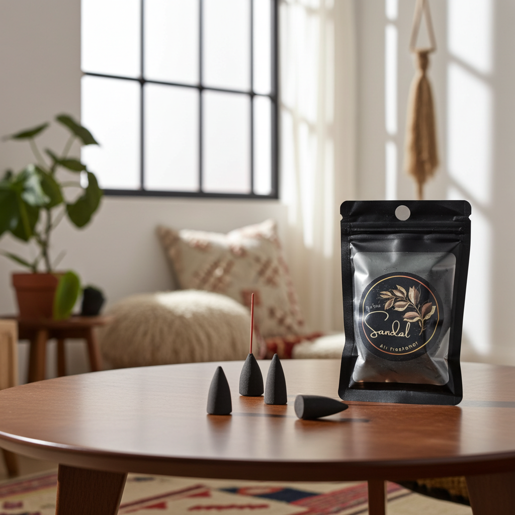 Incense cones and packaging on a wooden table with a blurred living room background