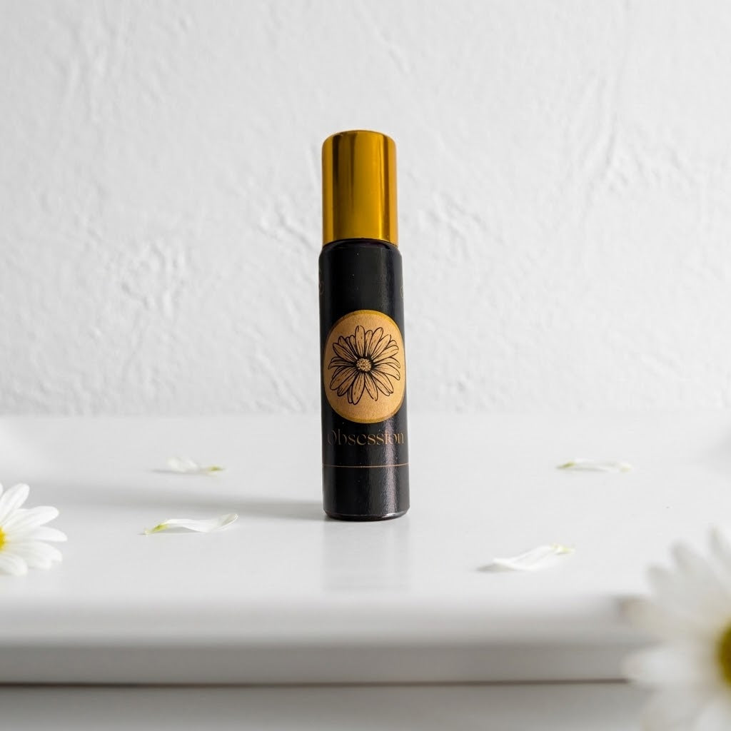 A black cylindrical roll-on bottle with a shiny gold cap and a gold circular label featuring a flower design, standing on a white surface with scattered white flower petals.