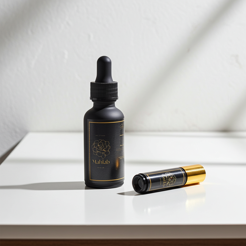 Black dropper bottle and roller ball on a white surface with a light gray background
