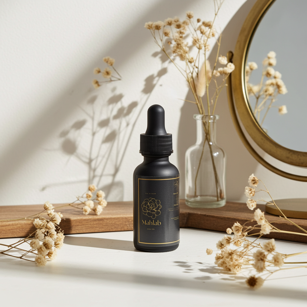 Black dropper bottle with gold label on a wooden surface with dried flowers and a mirror in the background.