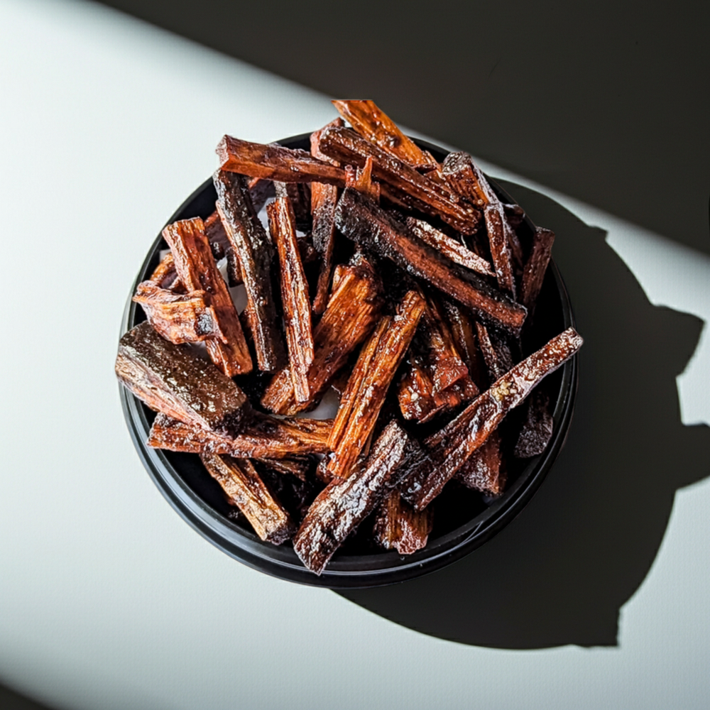 Dried bakhoor sticks in a black bowl on a light gray background