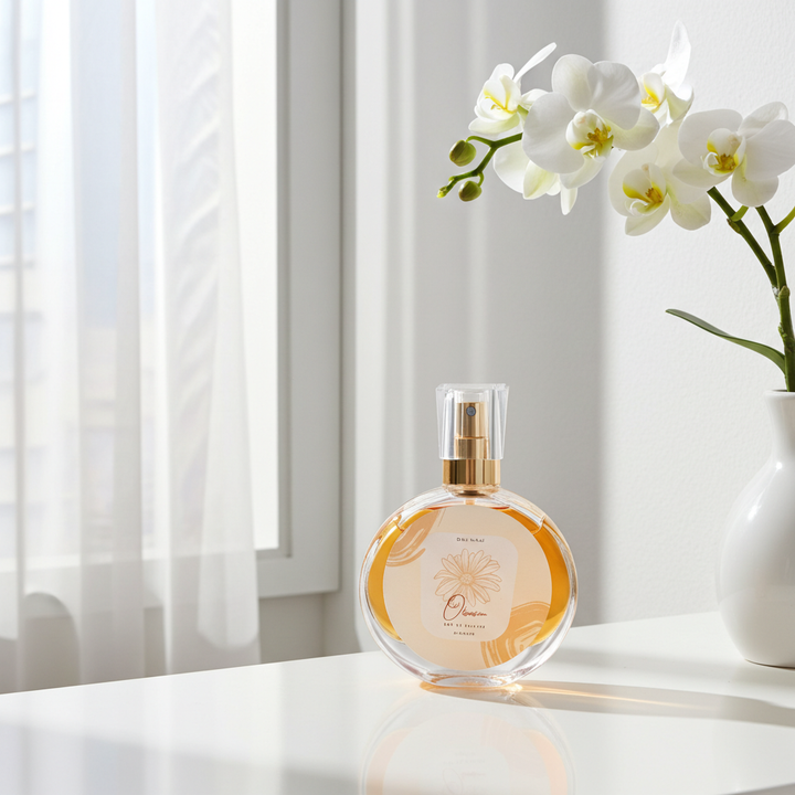 Perfume bottle with a white orchid in a vase on a light surface.