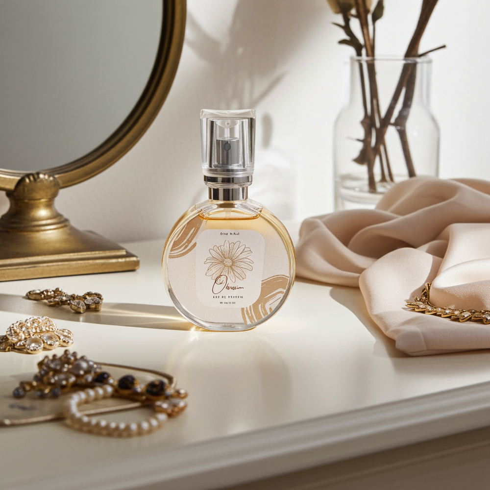 Perfume bottle on a dresser with jewelry and a mirror in the background