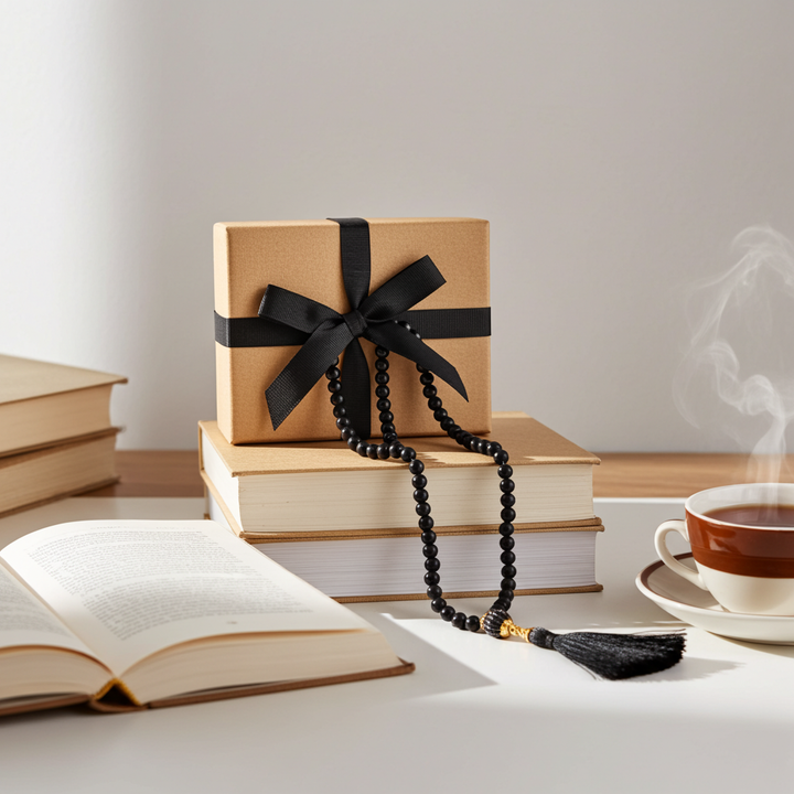 A black beaded necklace with a tassel and gold-toned accents draped over a stack of books, with a kraft gift box tied in black ribbon on top. An open book, stacked books, and a steaming cup of tea are arranged on a light tabletop against a soft neutral background.