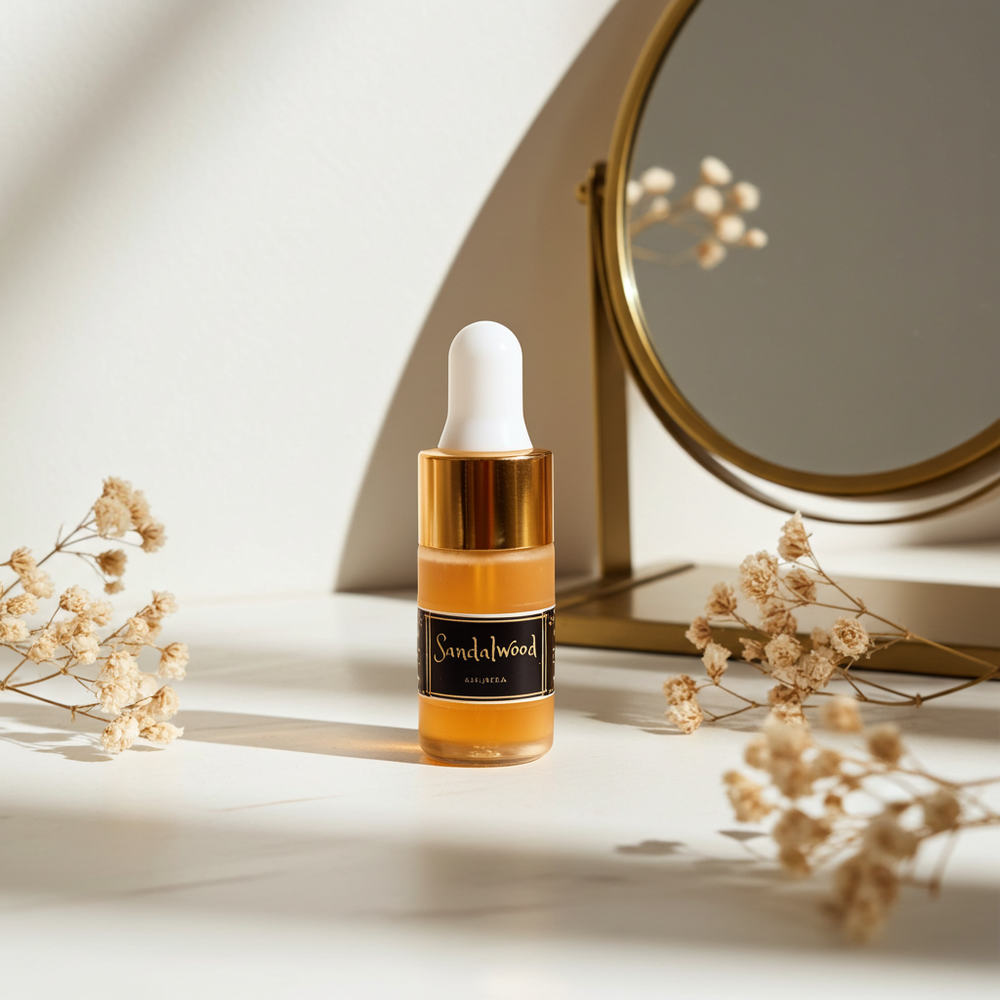 Skincare serum bottle with 'Sandalwood' label on a light background with flowers and mirror.