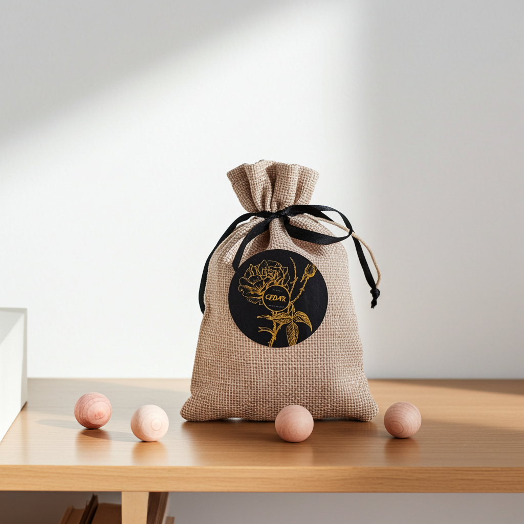 Burlap drawstring bag with a logo on a wooden surface
